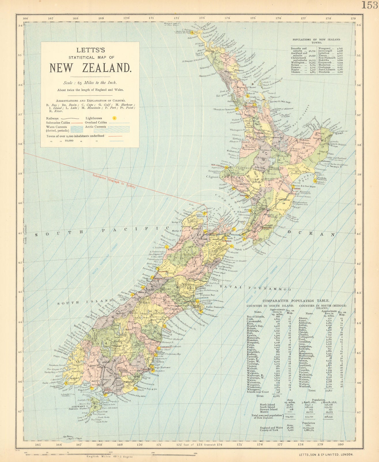 NEW ZEALAND Lighthouses railways telegraph cables ocean currents. LETTS 1892 map